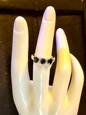 Black Sapphire 3 Stone Ring 1.50 CTW 14K White Gold Plated Size 6